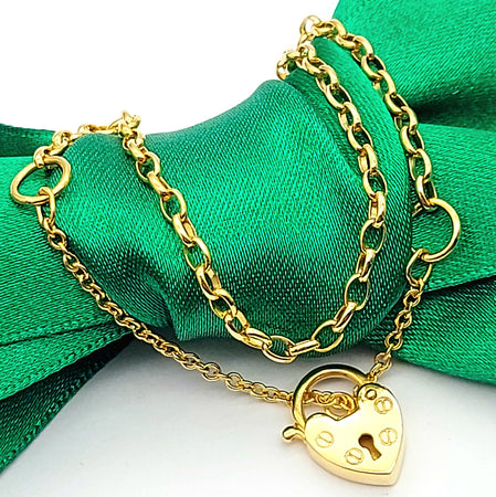 Children's Yellow Gold 9ct (375,9K) Screw Design Heart Padlock Chain Bracelet
