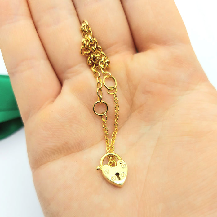 Children's Yellow Gold 9ct (375,9K) Screw Design Heart Padlock Chain Bracelet