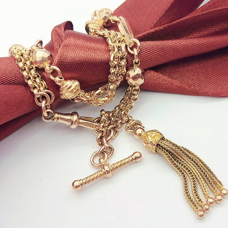 Antique Tassel & T-Bar Rose Gold 9ct (375, 9K) Belcher & Disco Bead Cut Bracelet