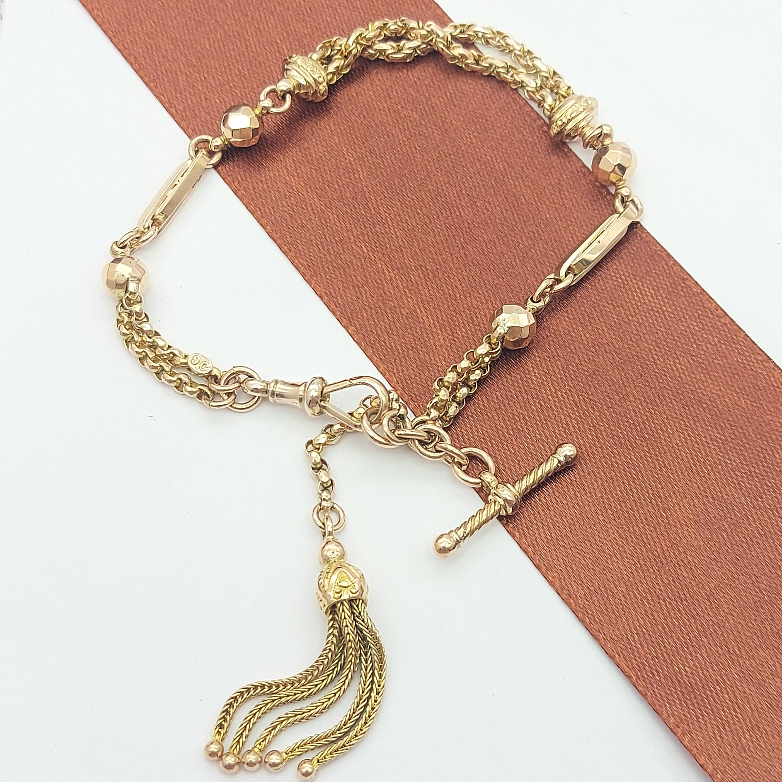 Antique Tassel & T-Bar Rose Gold 9ct (375, 9K) Belcher & Disco Bead Cut Bracelet