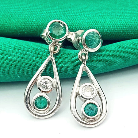 Ladies White Gold 18ct (750, 18K) Drop Dangle Natural Emerald & Diamond Earrings