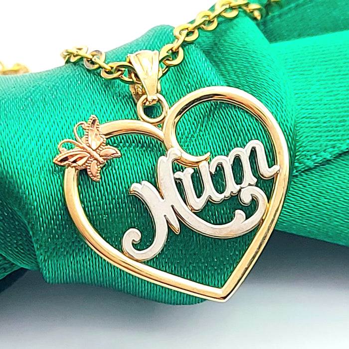 Ladies Tri-Tone Gold 9ct (375, 9K) Unique Butterfly Open Heart "Mum" Pendant