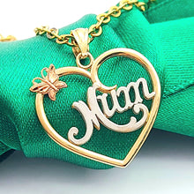 Load image into Gallery viewer, Ladies Tri-Tone Gold 9ct (375, 9K) Unique Butterfly Open Heart &quot;Mum&quot; Pendant
