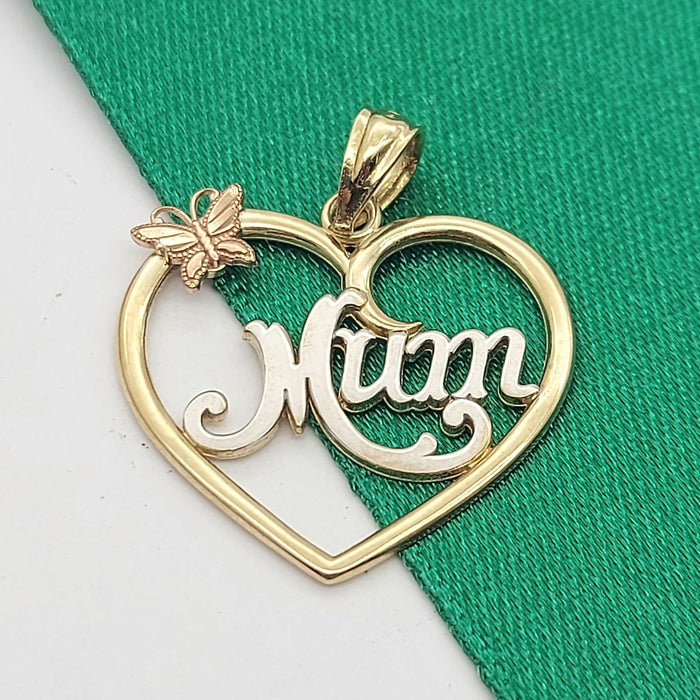 Ladies Tri-Tone Gold 9ct (375, 9K) Unique Butterfly Open Heart "Mum" Pendant