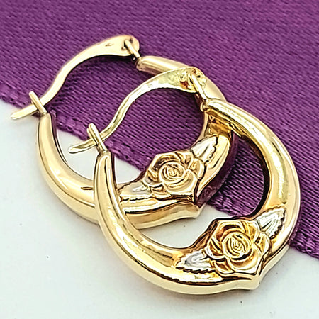 Ladies Yellow Gold 9ct (375, 9K) Vintage Unique Rose Pattern Hoop Earrings