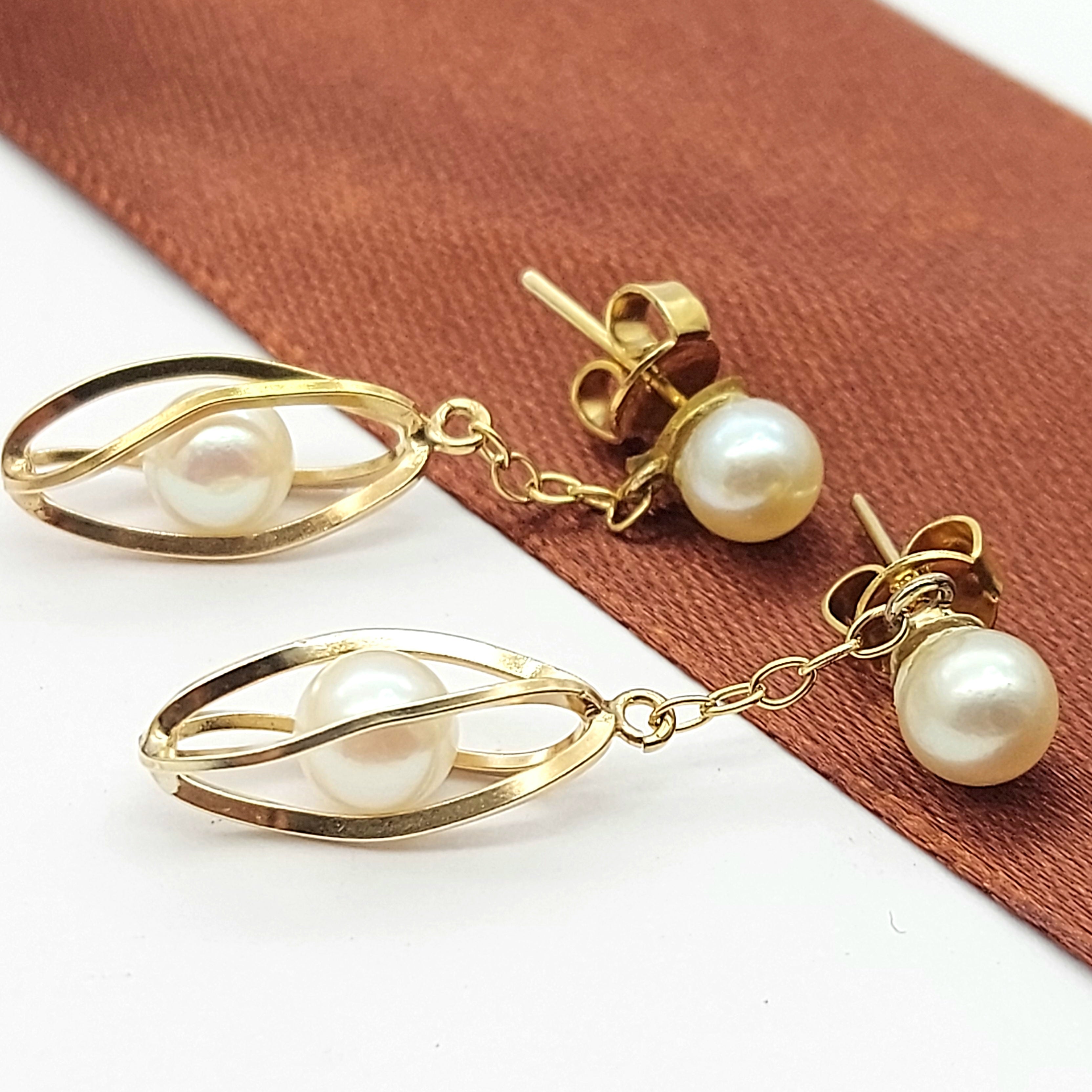 Ladies Rose Gold 9ct (375, 9k) Natural Pearl Drop/Dangle Swirl Cage Earrings