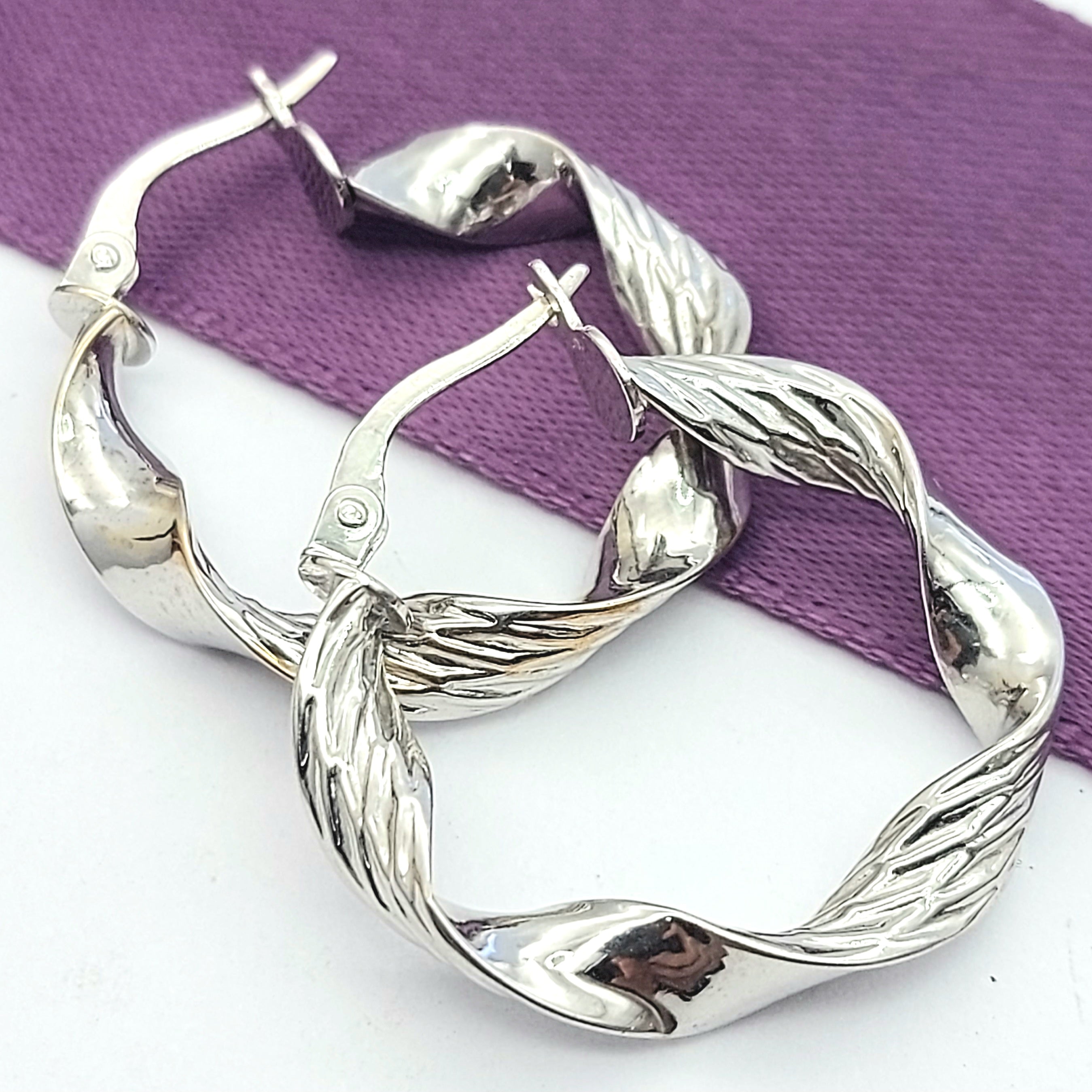 Ladies White Gold 9ct (375, 9K) High Quality Unique Twisted Patterned Hoops