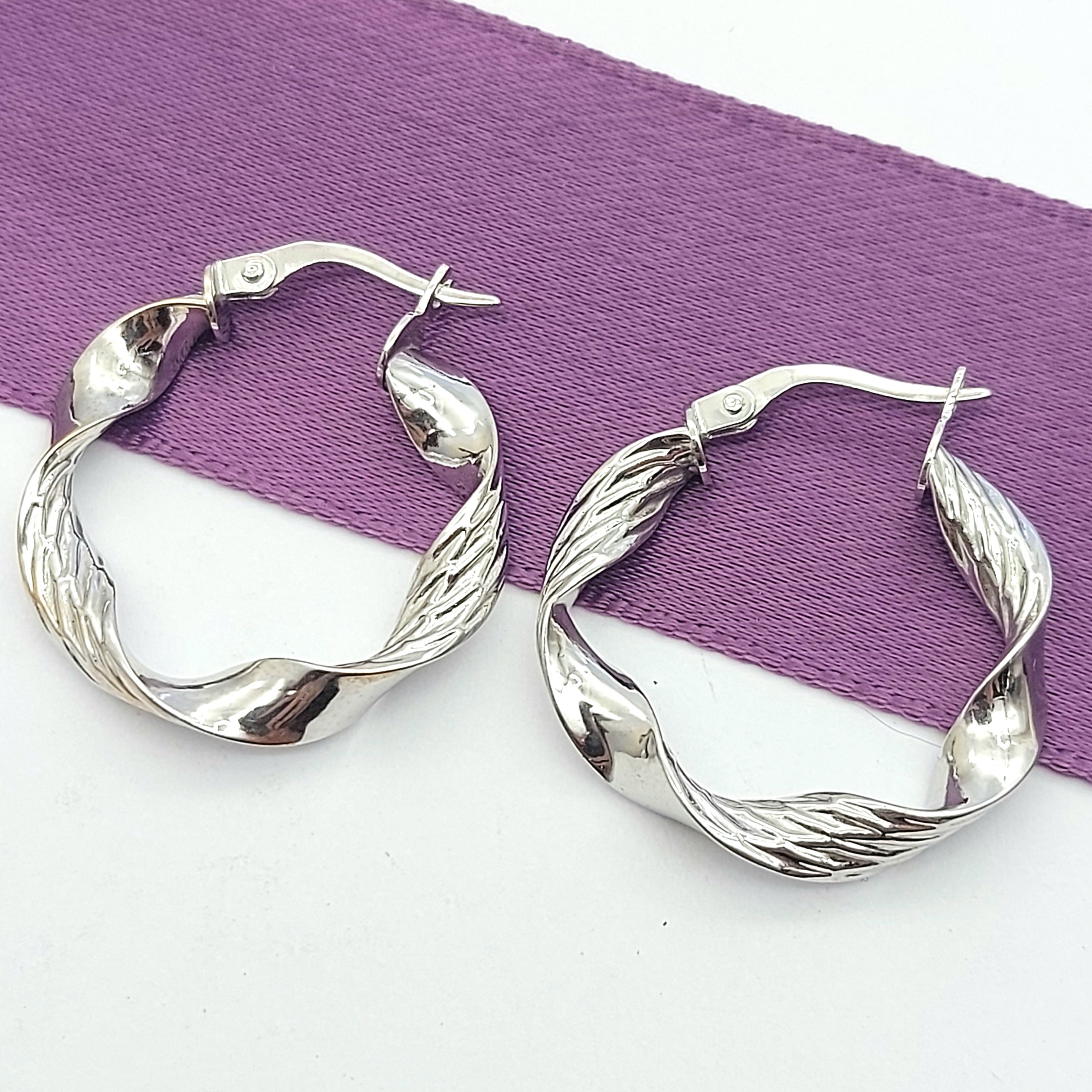 Ladies White Gold 9ct (375, 9K) High Quality Unique Twisted Patterned Hoops