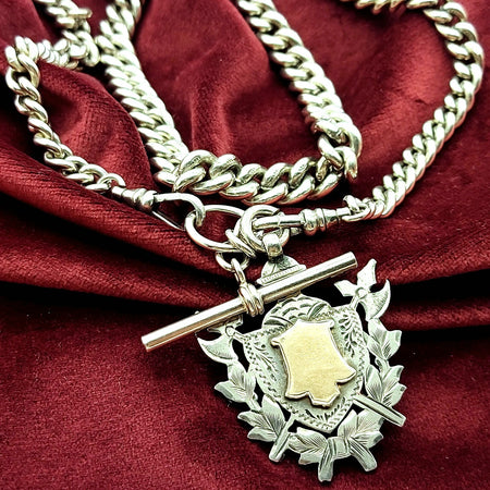 Solid Antique Sterling Silver 925 & 9k Rose Gold Curb T-Bar & Emblem Large Chain