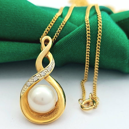 Ladies Yellow Gold 9ct (375, 9K) Natural Pearl & Diamond Infinity Swirl Necklace