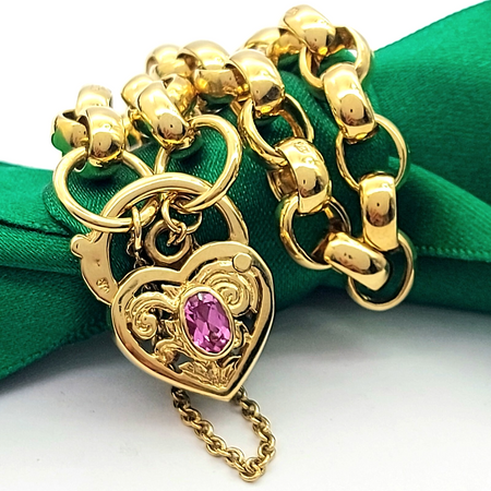 Ladies Yellow Gold 9ct (375, 9K) Heart Padlock Created Pink Sapphire Bracelet