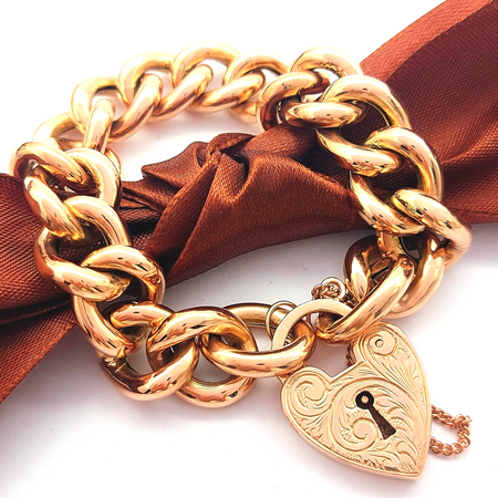 Ladies Rose Gold 9ct (375, 9K) Large Curb Chain Filigree Heart Padlock Bracelet