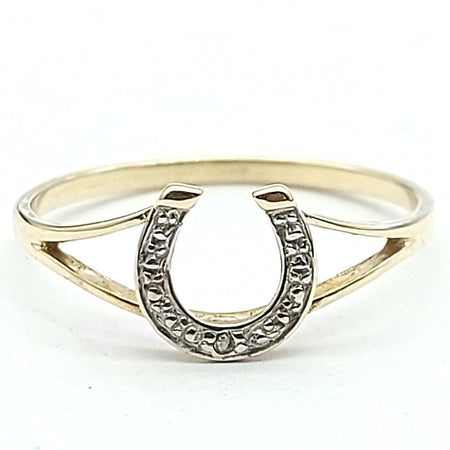 Ladies Yellow Gold 9ct (375, 9k) Natural Diamond Chip Horse Shoe Ring