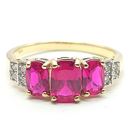 Ladies Yellow Gold 9ct (375, 9K) Baguette Trilogy Natural Rubies & Diamonds Ring