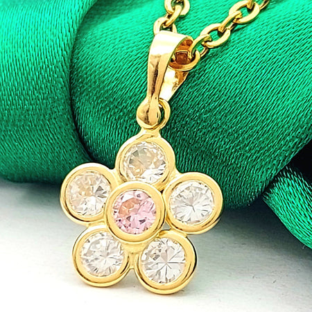 Ladies Yellow Gold 18ct (750, 18k) Pink & White Cubic Zirconia Flower Pendant