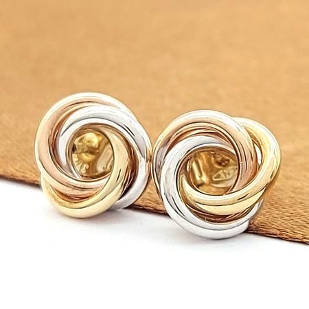 Ladies Earrings Tri-Tone Gold 9ct (375, 9k) High Quality Knot Studs