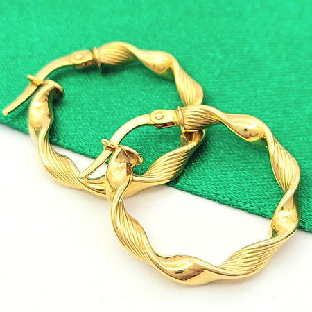 Ladies Yellow Gold 9ct (375, 9K) High Quality Fine Grooved Twist Hoop Earrings