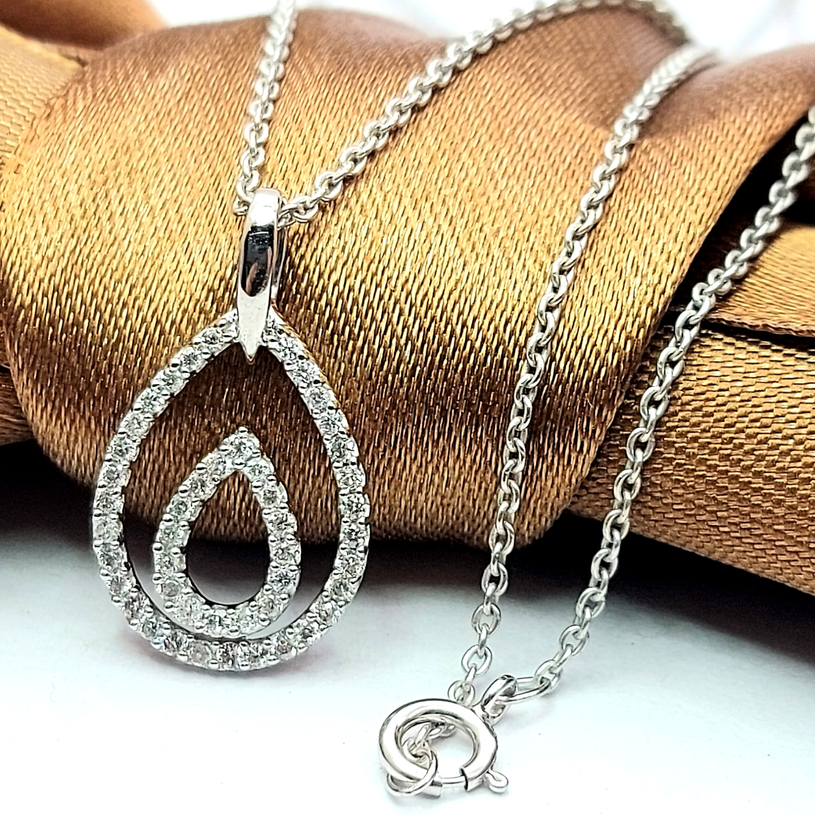 Ladies White Gold 9ct (375, 9K) Natural Diamond Double Teardrop Pendant Necklace