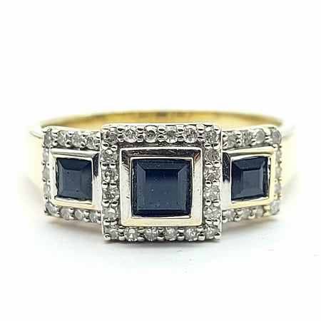 Ladies MHJ Yellow Gold 10ct (417, 10k) Trilogy Square Sapphire & Diamonds Ring