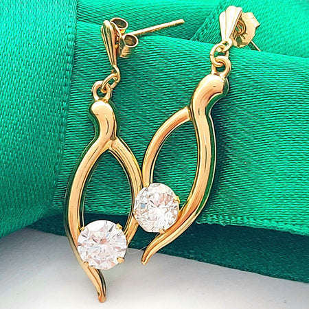 Ladies Yellow Gold 9ct (375 ,9k) Wish Bone Drop Dangle Diamante Stud Earrings