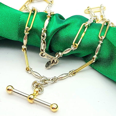 T-Bar PaperClip Link Silver (925) & Yellow Gold 9ct (375, 9k) Chain Necklace