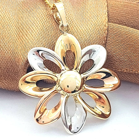 Ladies Tri-Tone Gold 9ct (375, 9K) Unique Openwork Daisy Flower Pendant