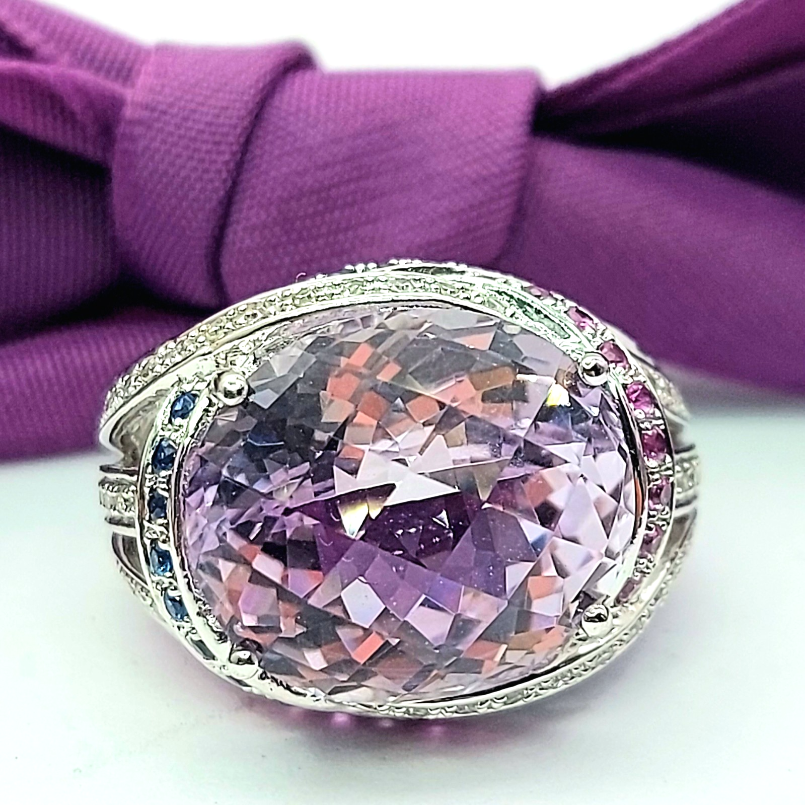 Ladies White Gold 9ct (375, 9K) Large Amethyst, Created Sapphire & Diamond Ring