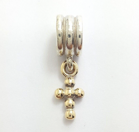 Genuine Two Tone Silver & 14ct (585) Pandora Beaded Cross Dangle Charm