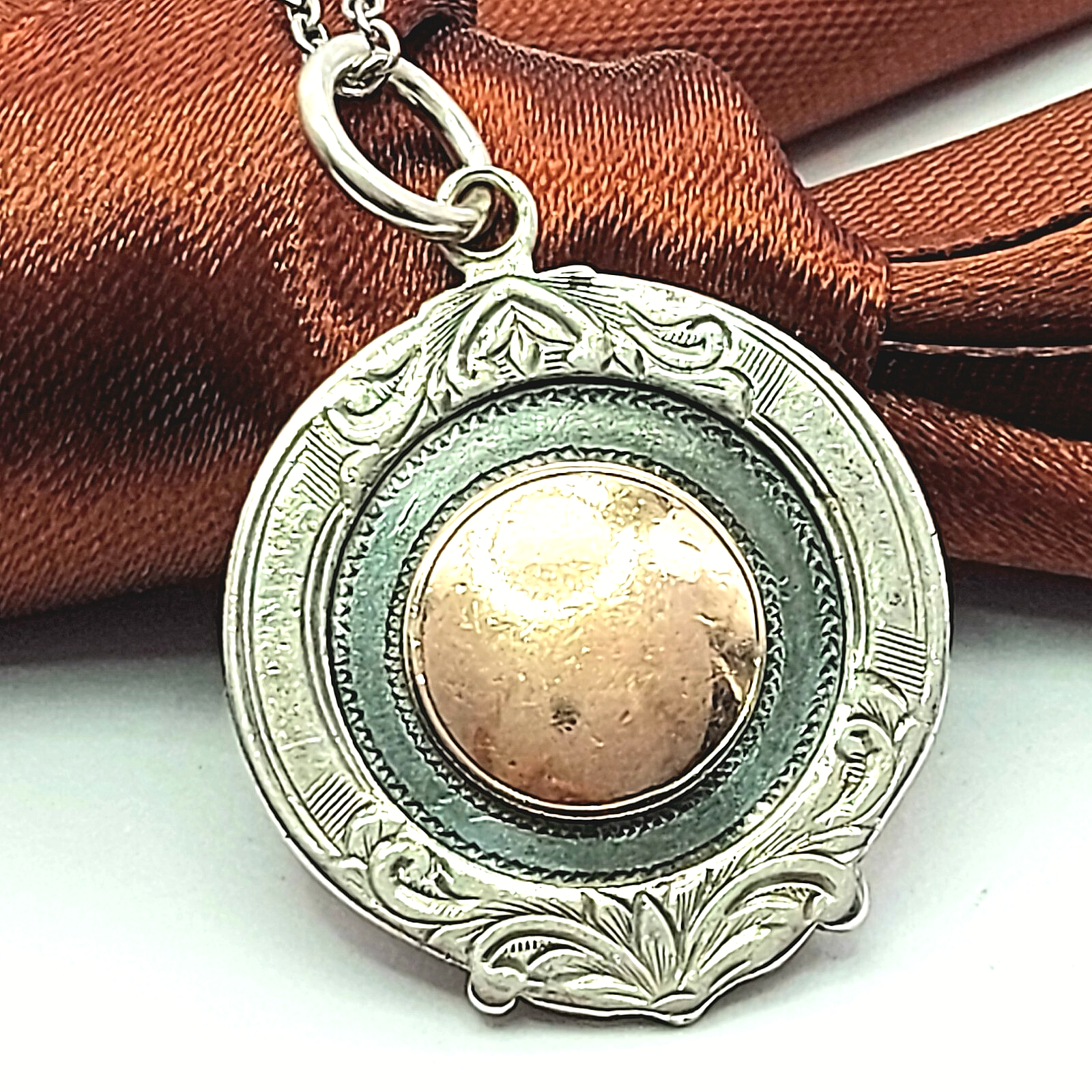 Antique Solid Sterling Silver (925) & 9ct Rose Gold (375) Round Shield Pendant