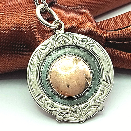Antique Solid Sterling Silver (925) & 9ct Rose Gold (375) Round Shield Pendant
