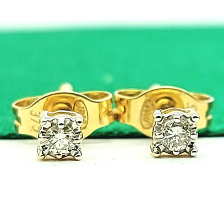 Ladies Yellow Gold 9ct (375, 9K) Solitaire Natural Diamonds (8pts) Stud Earrings