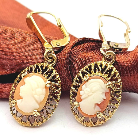 Ladies Yellow Gold 9ct (375 ,9k) Antique Cameo Molten Halo Drop Earrings
