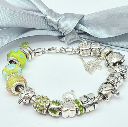 Ladies Sterling Silver (925) Solid Snake Chain With Unique Charms Bracelet