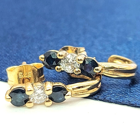 Ladies Yellow Gold 9ct (375,9K) Sapphire & Natural Diamonds Petite Hook Earrings