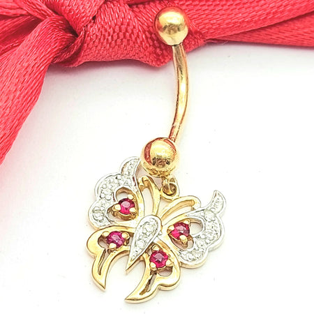 Ladies Yellow Gold 9ct (375, 9K) MHJ Rare Rubies & Diamonds Butterfly Belly Stud