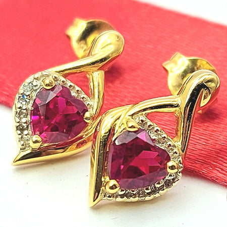 Ladies Yellow Gold 9ct (375, 9K) Ruby Heart & Natural Diamonds Stud Earrings