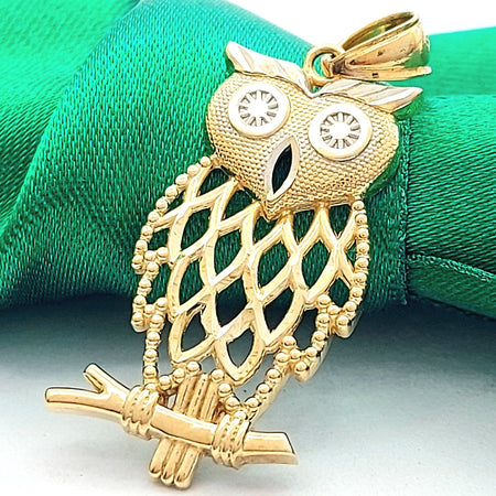 Ladies Two-Tone Gold 9ct (375, 9K) Rare Openwork High Quality Owl Pendant