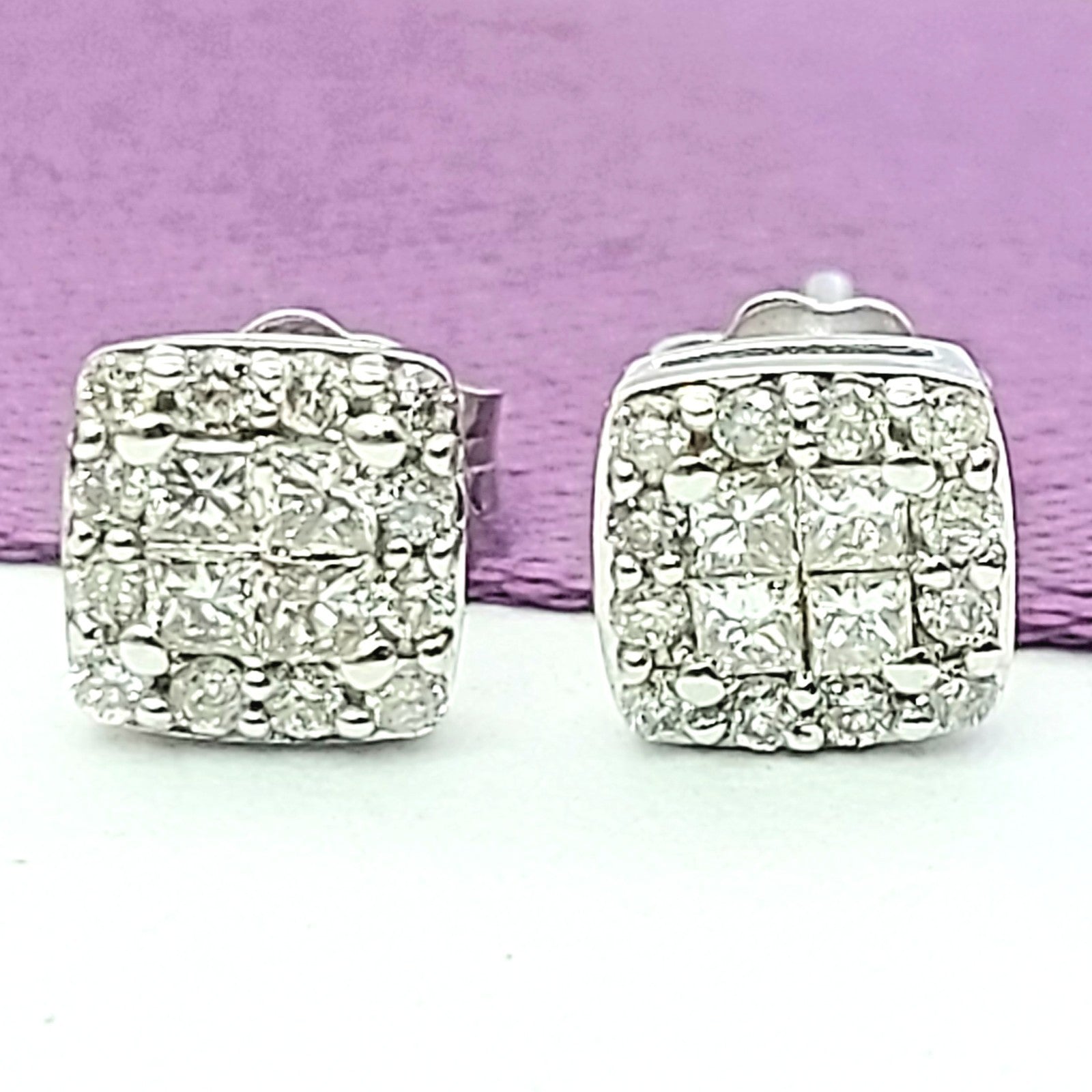 Ladies White Gold 10ct (417,10k) MHJ Square Cluster 0.50ct Natural Diamond Studs