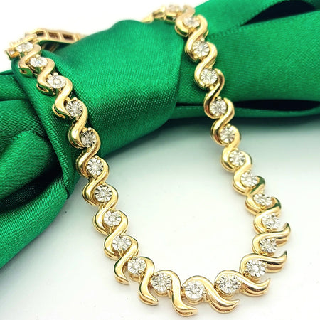 Ladies Yellow Gold 9ct(375,9K) Rare Natural Diamonds Fancy Twist Tennis Bracelet