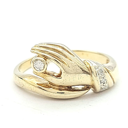 Ladies Vintage Yellow Gold 9ct (375, 9K) Hand Holding Diamond Ring