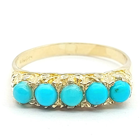 Ladies Vintage Yellow Gold 9ct (375, 9K) Five Natural Turquoise Pavé Ring