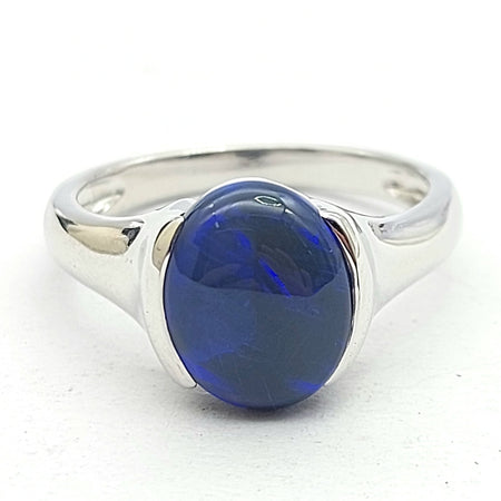 Ladies Sterling Silver (925) Solitaire Natural Blue Oval Opal Doublet Ring