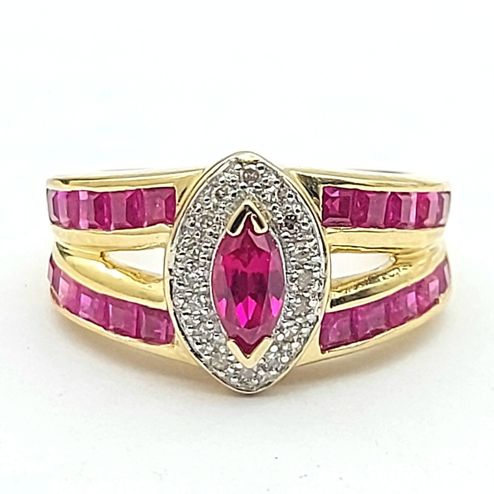 Ladies Yellow Gold 9ct (375, 9K) Marquise Cut Ruby & Diamond Halo Dress Ring