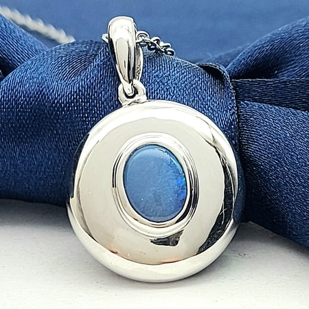 Round Sterling Silver (925) Oval Solid Natural Opal Solitaire Pendant
