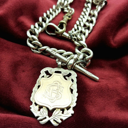 Solid Antique Sterling Silver 925 & 9k Rose Gold Curb T-Bar & S.C Emblem Chain