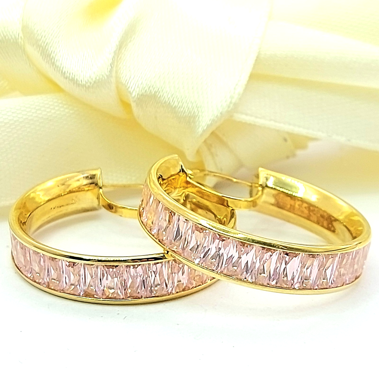 Ladies Yellow Gold 9ct(375,9K) Created Pink Sapphire Baguette Cut Hoop Earrings