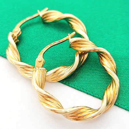 Ladies Yellow Gold 9ct (375, 9K) UNOAERRE Twist Fine Grooves Hoop Earrings