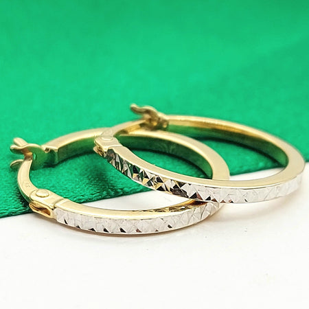 Ladies Yellow Gold 9ct (375,9K) White Gold Diamond Cut Hoop Earrings