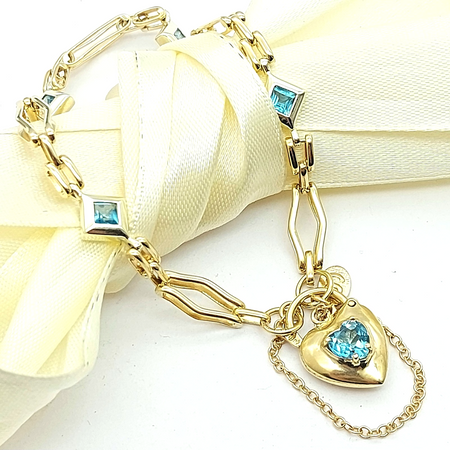 Ladies Yellow Gold 9ct (375,9K) Blue Topaz Heart Padlock Square Gate Bracelet