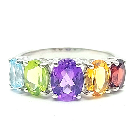 Ladies Sterling Silver (925) Natural Oval Multi-Gemstones Band Ring